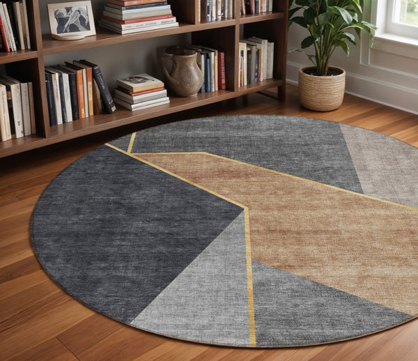 Homeroots 3' Stylish Beige Tan And Ivory Geometric Washable Area Rug For Indoor And Outdoor Spaces 8' Round Polyester 579933
