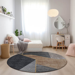 Homeroots 3' Stylish Beige Tan And Ivory Geometric Washable Area Rug For Indoor And Outdoor Spaces 8' Round Polyester 579933
