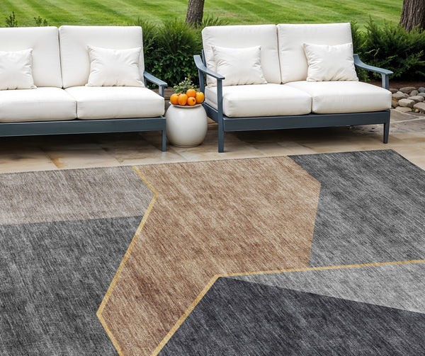 Homeroots 3' Stylish Beige Tan And Ivory Geometric Washable Area Rug For Indoor And Outdoor Spaces 9' X 12' Polyester 579935