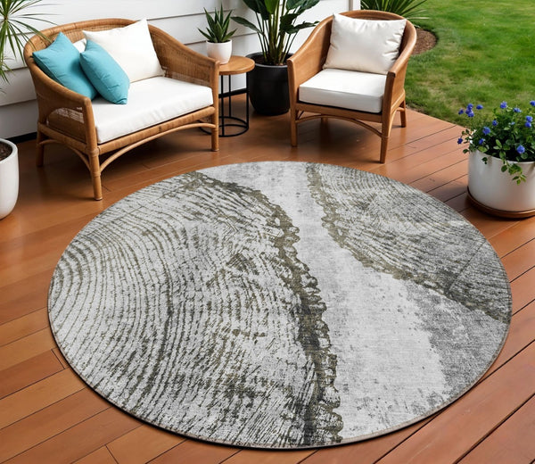 HomeRoots 5' Gray Taupe and Silver Abstract Area Rug - Washable, Durable, and Versatile for Indoor/Outdoor Use 8' Round 579939
