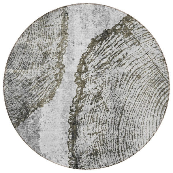 HomeRoots 5' Gray Taupe and Silver Abstract Area Rug - Washable, Durable, and Versatile for Indoor/Outdoor Use 8' Round 579939