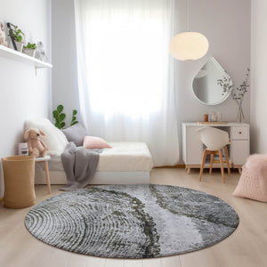 HomeRoots 5' Gray Taupe and Silver Abstract Area Rug - Washable, Durable, and Versatile for Indoor/Outdoor Use 8' Round 579939