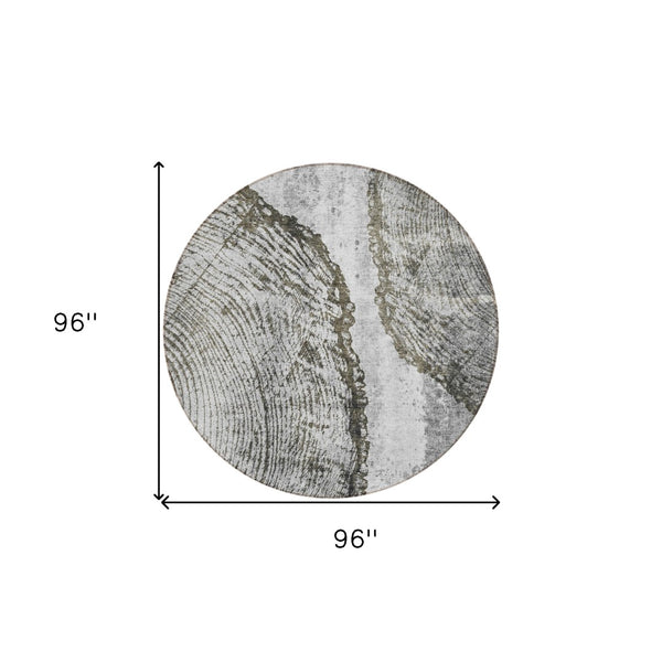 HomeRoots 5' Gray Taupe and Silver Abstract Area Rug - Washable, Durable, and Versatile for Indoor/Outdoor Use 8' Round 579939