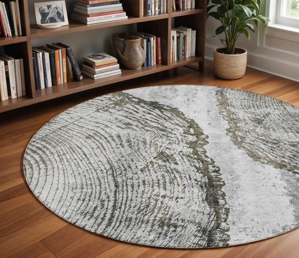 HomeRoots 5' Gray Taupe and Silver Abstract Area Rug - Washable, Durable, and Versatile for Indoor/Outdoor Use 8' Round 579939