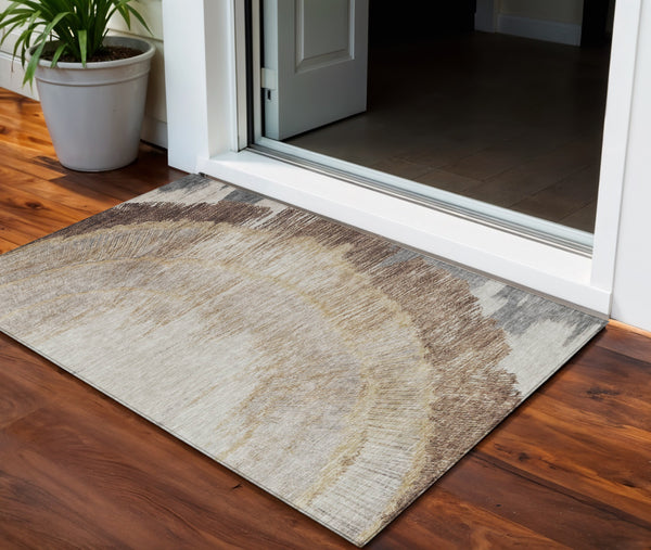 Homeroots 3' Abstract Washable Area Rug In Brown, Beige, And Taupe - Perfect For Indoor And Outdoor Spaces! 3' X 5' Polyester 579943