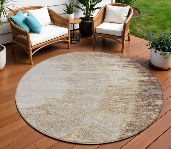 Homeroots 3' Abstract Washable Area Rug In Brown, Beige, And Taupe - Perfect For Indoor And Outdoor Spaces! 8' Round Polyester 579945