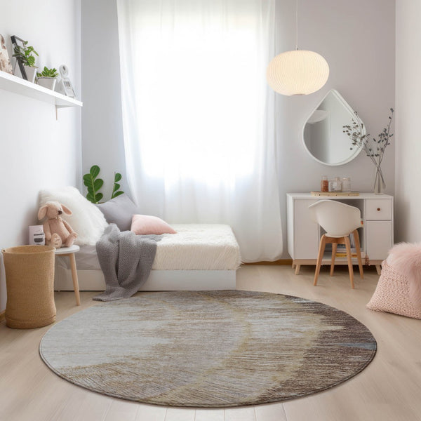 Homeroots 3' Abstract Washable Area Rug In Brown, Beige, And Taupe - Perfect For Indoor And Outdoor Spaces! 8' Round Polyester 579945