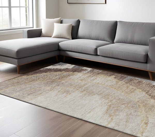 Homeroots 3' Abstract Washable Area Rug In Brown, Beige, And Taupe - Perfect For Indoor And Outdoor Spaces! 8' X 10' Polyester 579946