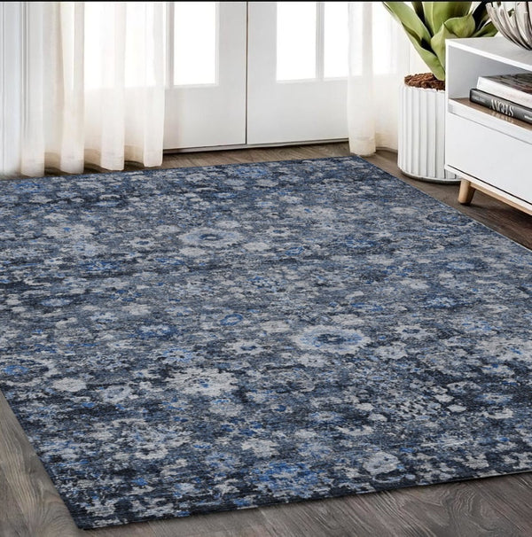 Homeroots 3' Navy Blue And Sky Blue Oriental Washable Rug - Durable Indoor Outdoor Design For Versatile Spaces 5' X 8' Polyester 579956