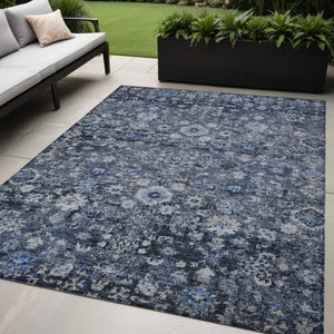 Homeroots 3' Navy Blue And Sky Blue Oriental Washable Rug - Durable Indoor Outdoor Design For Versatile Spaces 5' X 8' Polyester 579956
