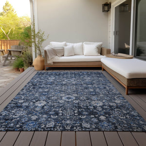Homeroots 3' Navy Blue And Sky Blue Oriental Washable Rug - Durable Indoor Outdoor Design For Versatile Spaces 5' X 8' Polyester 579956