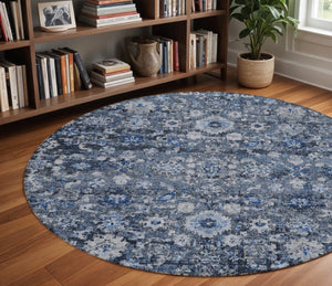 HomeRoots 5' Navy Blue & Sky Blue Oriental Area Rug - Durable, Machine Washable for Indoor & Outdoor Use 8' Round 579957