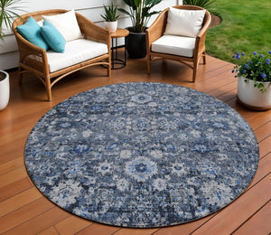 HomeRoots 5' Navy Blue & Sky Blue Oriental Area Rug - Durable, Machine Washable for Indoor & Outdoor Use 8' Round 579957