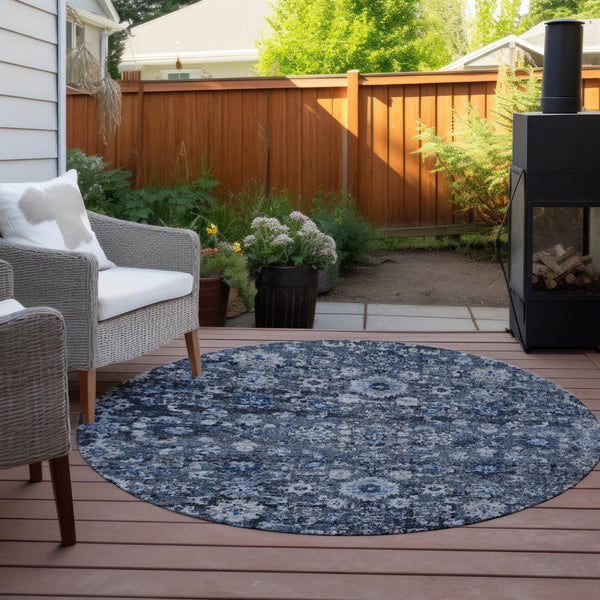 HomeRoots 5' Navy Blue & Sky Blue Oriental Area Rug - Durable, Machine Washable for Indoor & Outdoor Use 8' Round 579957