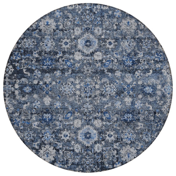 HomeRoots 5' Navy Blue & Sky Blue Oriental Area Rug - Durable, Machine Washable for Indoor & Outdoor Use 8' Round 579957