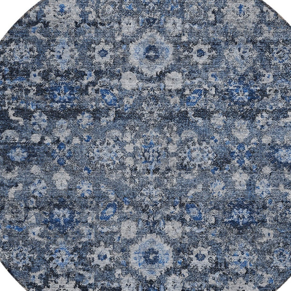 HomeRoots 5' Navy Blue & Sky Blue Oriental Area Rug - Durable, Machine Washable for Indoor & Outdoor Use 8' Round 579957