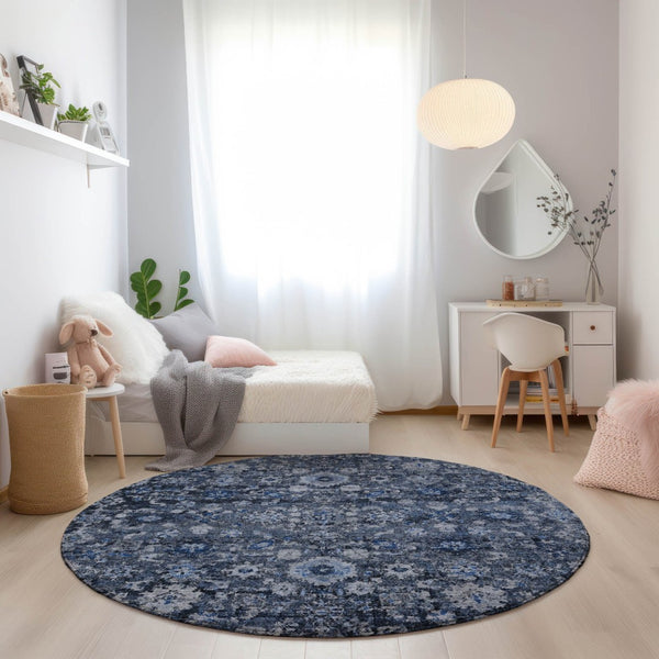 HomeRoots 5' Navy Blue & Sky Blue Oriental Area Rug - Durable, Machine Washable for Indoor & Outdoor Use 8' Round 579957