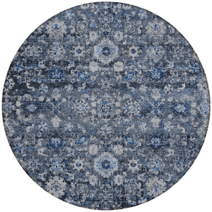 HomeRoots 5' Navy Blue & Sky Blue Oriental Area Rug - Durable, Machine Washable for Indoor & Outdoor Use 8' Round 579957