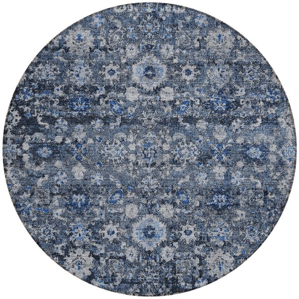 HomeRoots 5' Navy Blue & Sky Blue Oriental Area Rug - Durable, Machine Washable for Indoor & Outdoor Use 8' Round 579957