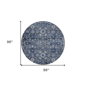 HomeRoots 5' Navy Blue & Sky Blue Oriental Area Rug - Durable, Machine Washable for Indoor & Outdoor Use 8' Round 579957