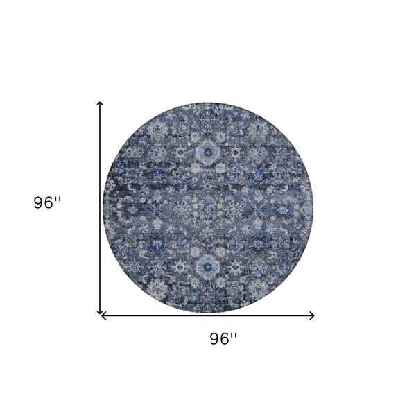 HomeRoots 5' Navy Blue & Sky Blue Oriental Area Rug - Durable, Machine Washable for Indoor & Outdoor Use 8' Round 579957