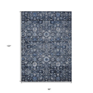 Homeroots 3' Navy Blue And Sky Blue Oriental Washable Rug - Durable Indoor Outdoor Design For Versatile Spaces 8' X 10' Polyester 579958