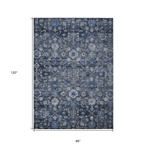 Homeroots 3' Navy Blue And Sky Blue Oriental Washable Rug - Durable Indoor Outdoor Design For Versatile Spaces 8' X 10' Polyester 579958