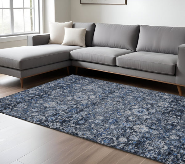 HomeRoots 9' Elegant Navy and Sky Blue Oriental Washable Area Rug for Indoor and Outdoor Spaces, Durable Design 9' X 12' 579959
