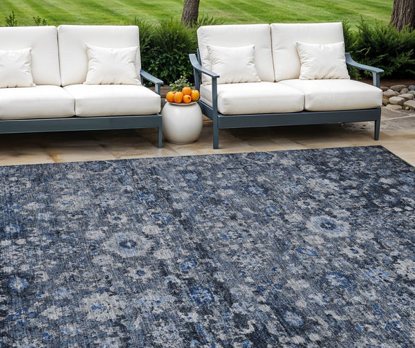 Homeroots 3' Navy Blue And Sky Blue Oriental Washable Rug - Durable Indoor Outdoor Design For Versatile Spaces 10' X 14' Polyester 579960