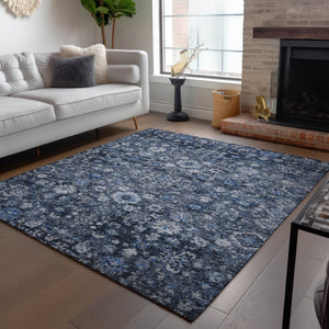 Homeroots 3' Navy Blue And Sky Blue Oriental Washable Rug - Durable Indoor Outdoor Design For Versatile Spaces 10' X 14' Polyester 579960