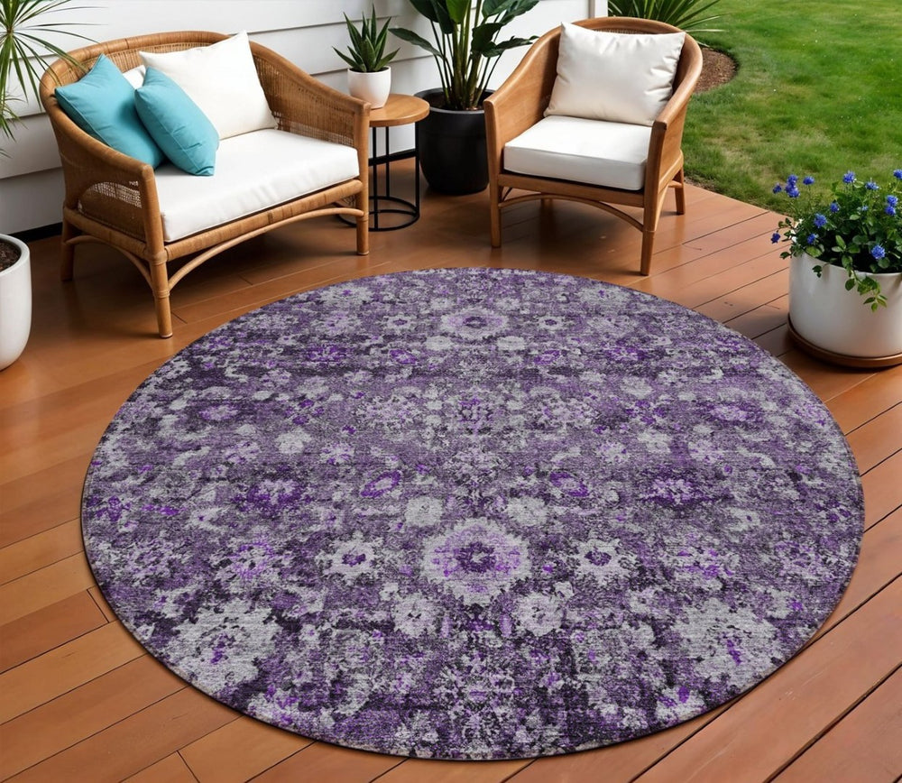 HomeRoots 5' Durable Purple Lilac and Lavender Oriental Area Rug - Washable, Indoor/Outdoor, Stain-Resistant 8' Round 579981