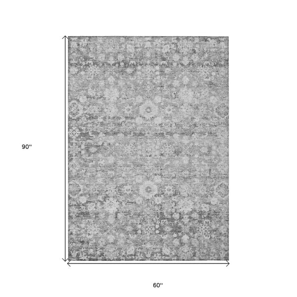 HomeRoots 5' Elegant Silver Gray and Pewter Oriental Area Rug - Washable, Durable for Indoor and Outdoor Spaces 5' X 8' 579986
