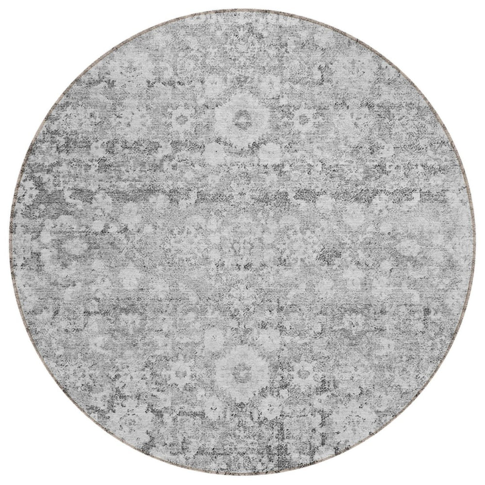 HomeRoots 5' Elegant Silver Gray and Pewter Oriental Area Rug - Washable, Durable for Indoor and Outdoor Spaces 8' Round 579987