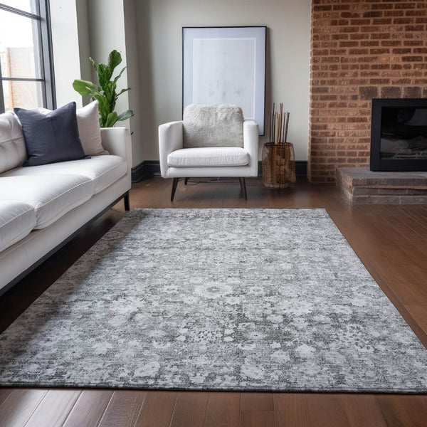 HomeRoots 5' Elegant Silver Gray and Pewter Oriental Area Rug - Washable, Durable for Indoor and Outdoor Spaces 10' X 14' 579990