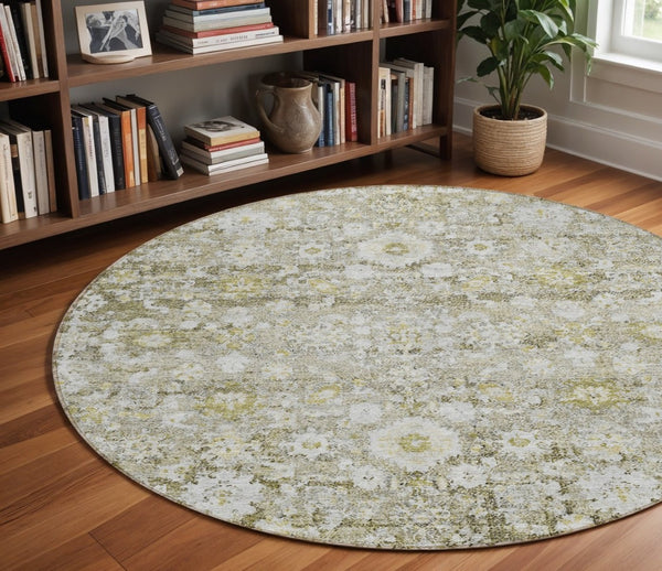 HomeRoots 5' Timeless Oriental Taupe Beige and Gold Area Rug - Washable, Stain-Resistant for Indoor & Outdoor Use 8' Round 579993