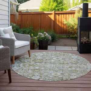HomeRoots 5' Timeless Oriental Taupe Beige and Gold Area Rug - Washable, Stain-Resistant for Indoor & Outdoor Use 8' Round 579993