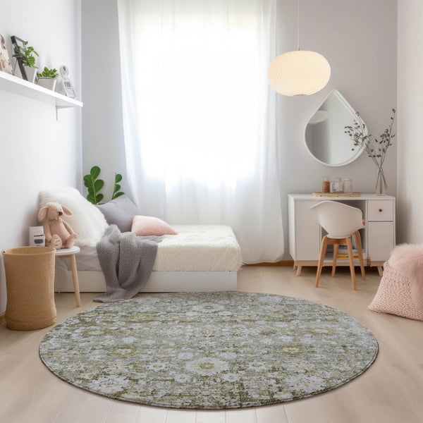 HomeRoots 5' Timeless Oriental Taupe Beige and Gold Area Rug - Washable, Stain-Resistant for Indoor & Outdoor Use 8' Round 579993