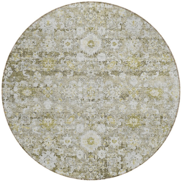 HomeRoots 5' Timeless Oriental Taupe Beige and Gold Area Rug - Washable, Stain-Resistant for Indoor & Outdoor Use 8' Round 579993