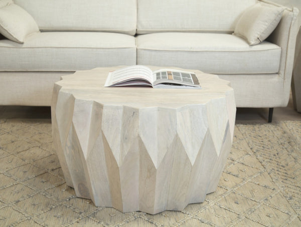 Homeroots 32" Off White Solid Wood Round Block Coffee Table - Stylish Geometric Design For Modern Interiors   579997