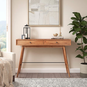 Solenn Mid-century Console Table with Two Drawers and Tapered Wood Legs