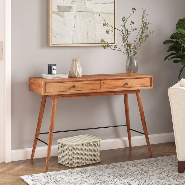 Solenn Mid-century Console Table with Two Drawers and Tapered Wood Legs