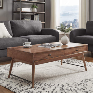 Mid-century Rubberwood Coffee Table with Two Drawers and Tapered Legs for Living Room