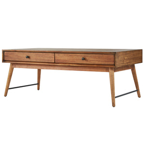 Mid-century Rubberwood Coffee Table with Two Drawers and Tapered Legs for Living Room