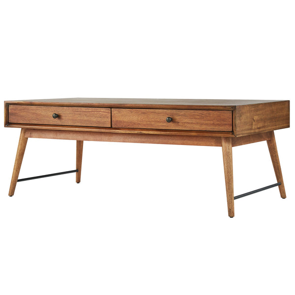 Mid-century Rubberwood Coffee Table with Two Drawers and Tapered Legs for Living Room