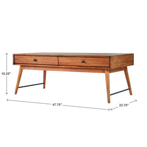 Mid-century Rubberwood Coffee Table with Two Drawers and Tapered Legs for Living Room