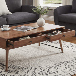 Mid-century Rubberwood Coffee Table with Two Drawers and Tapered Legs for Living Room