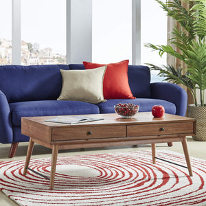 Mid-century Rubberwood Coffee Table with Two Drawers and Tapered Legs for Living Room