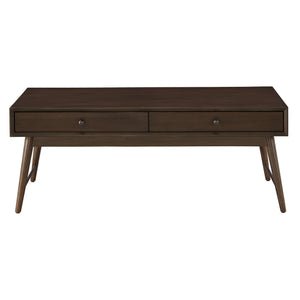 Mid-century Rubberwood Coffee Table with Two Drawers and Tapered Legs for Living Room