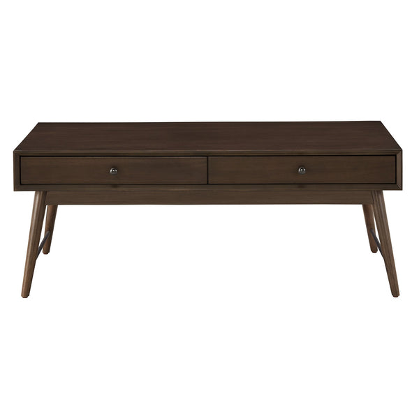 Mid-century Rubberwood Coffee Table with Two Drawers and Tapered Legs for Living Room