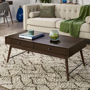 Mid-century Rubberwood Coffee Table with Two Drawers and Tapered Legs for Living Room